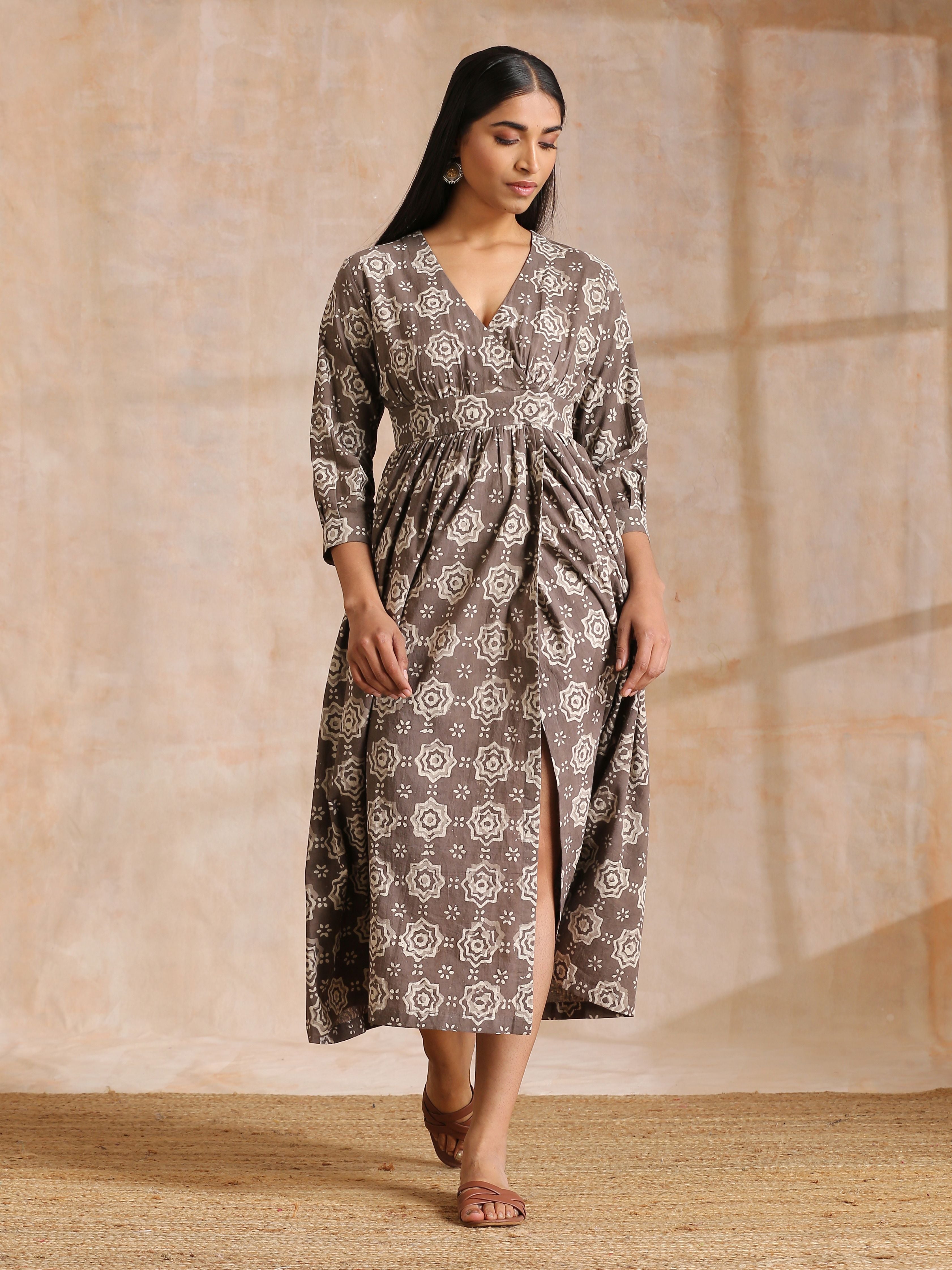 trueBrowns Clay Dabu Overall Print Cotton Wrap Dress