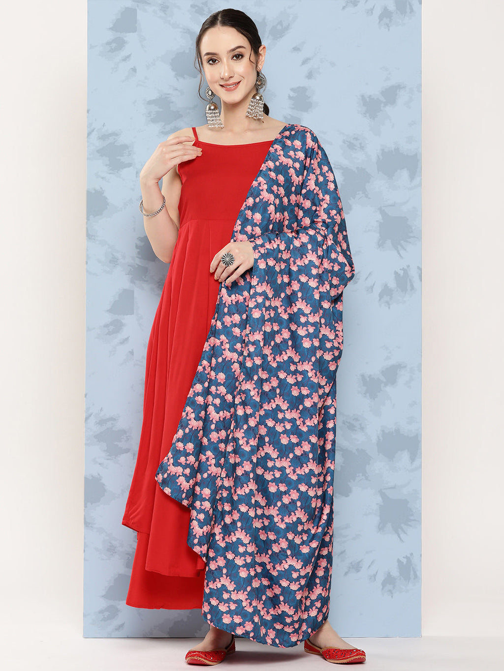 InWeave Women's Red Strappy Set W Navy Pink Lotus Cr Duptta