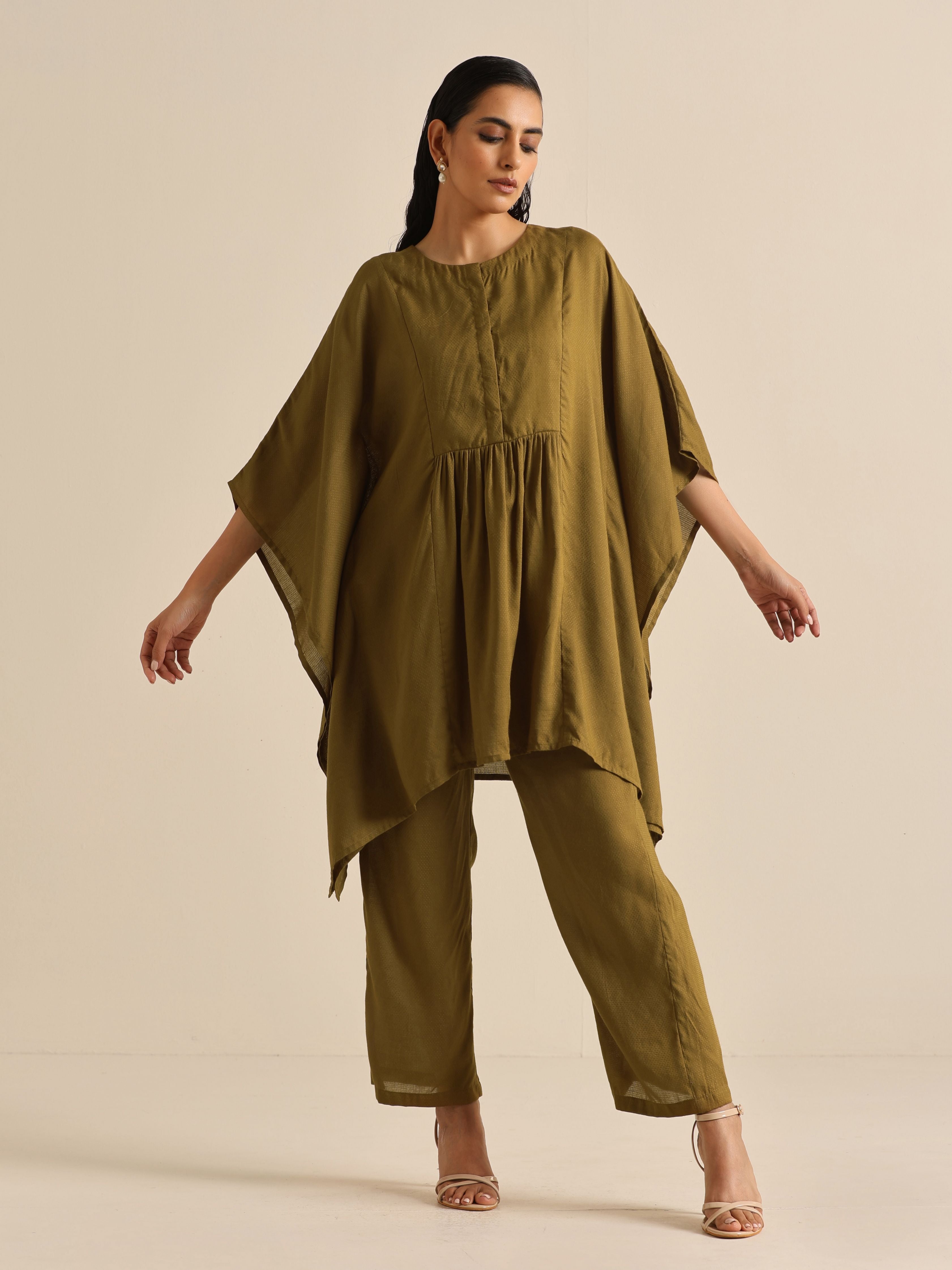 trueBrowns Olive Green Texture Doddy Kaftan Gathered Co-Ord Set