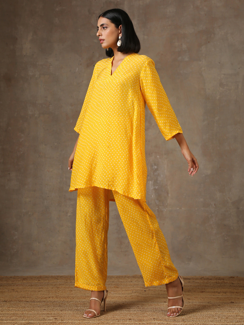trueBrowns Yellow Bandhani Flare Printed Silk Co-Ord Set