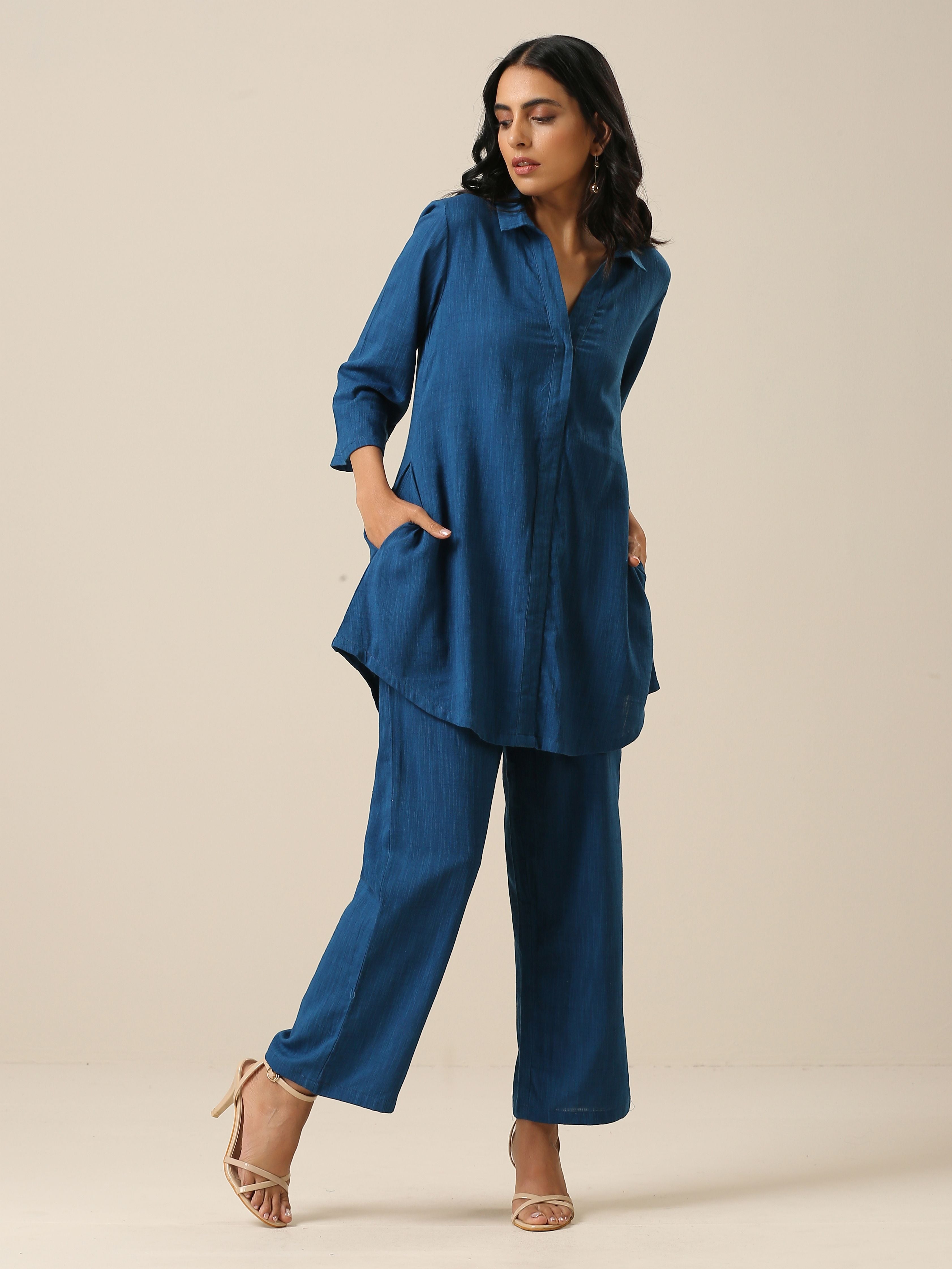 trueBrowns Classic Blue Slub Texture Collar Short Co-Ord Set