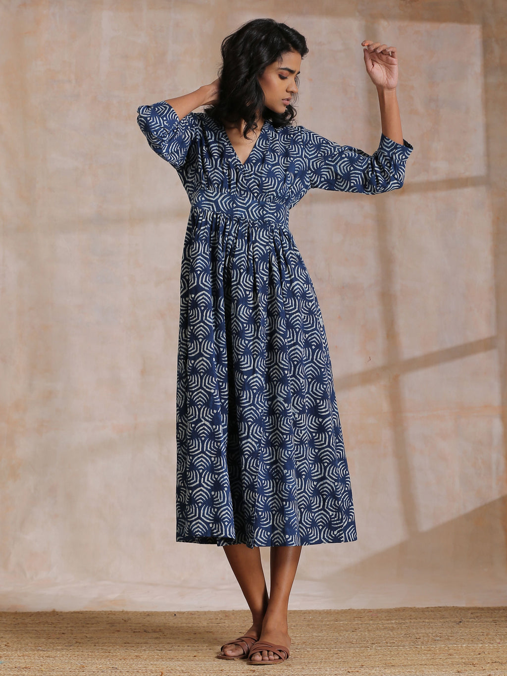 trueBrowns Indigo Dabu Overall Print Cotton Wrap Dress