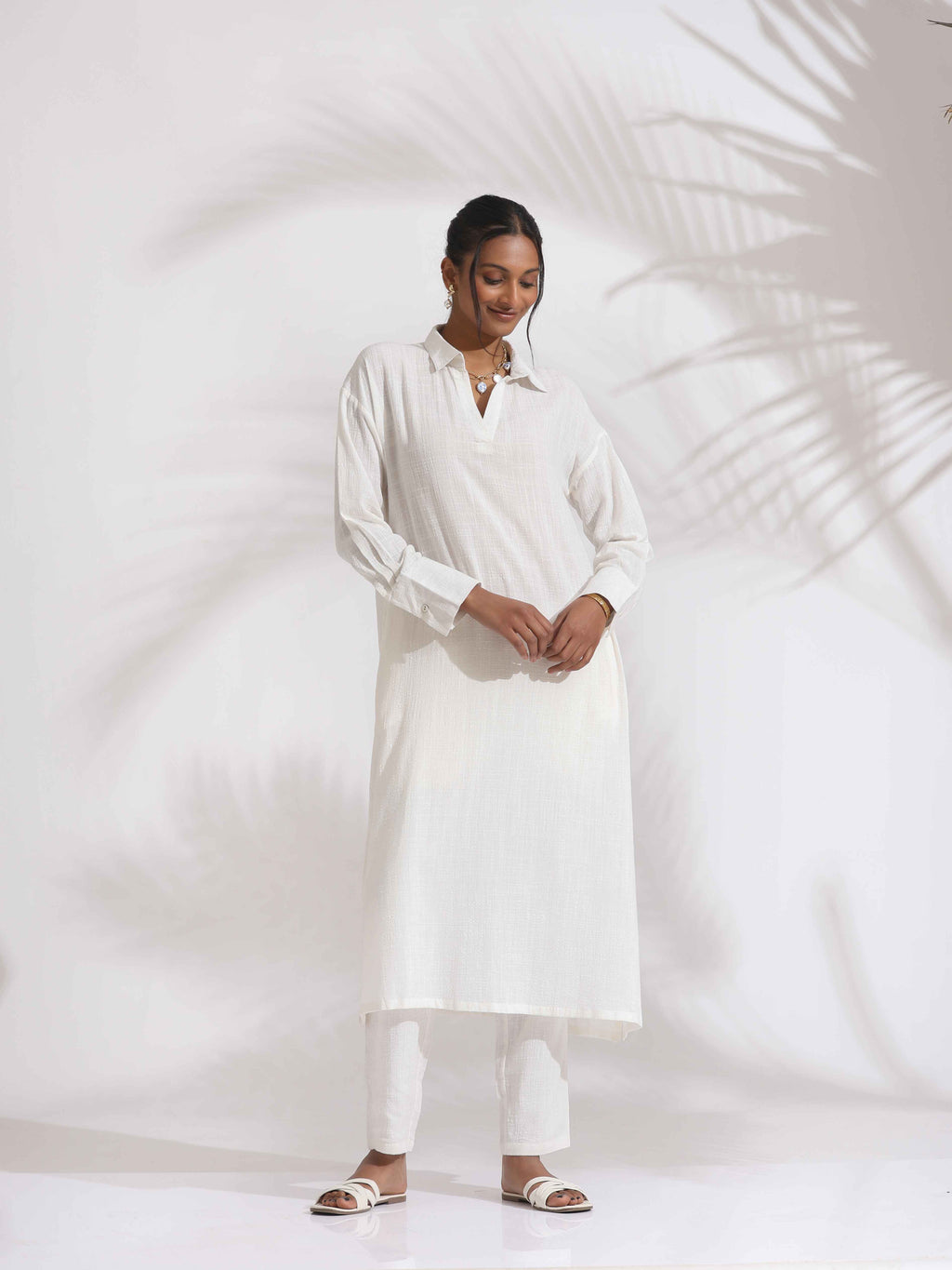 trueBrowns White Cotton A-line Kurta Set