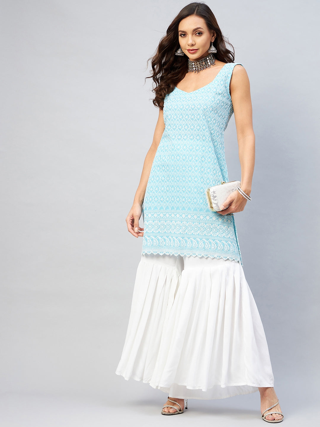 InWeave Women's Sky Blue Sweetheart Neckline Kurta
