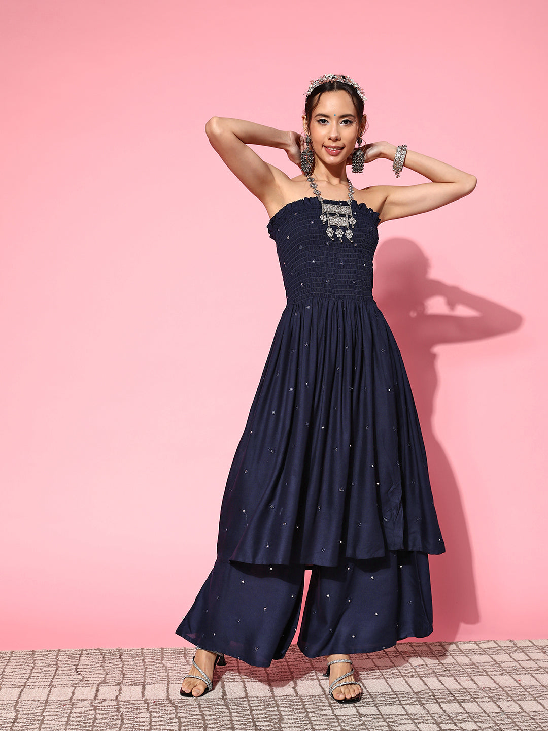InWeave Women's Navy Blue Mirror Work Off Shoulder Kurta Set