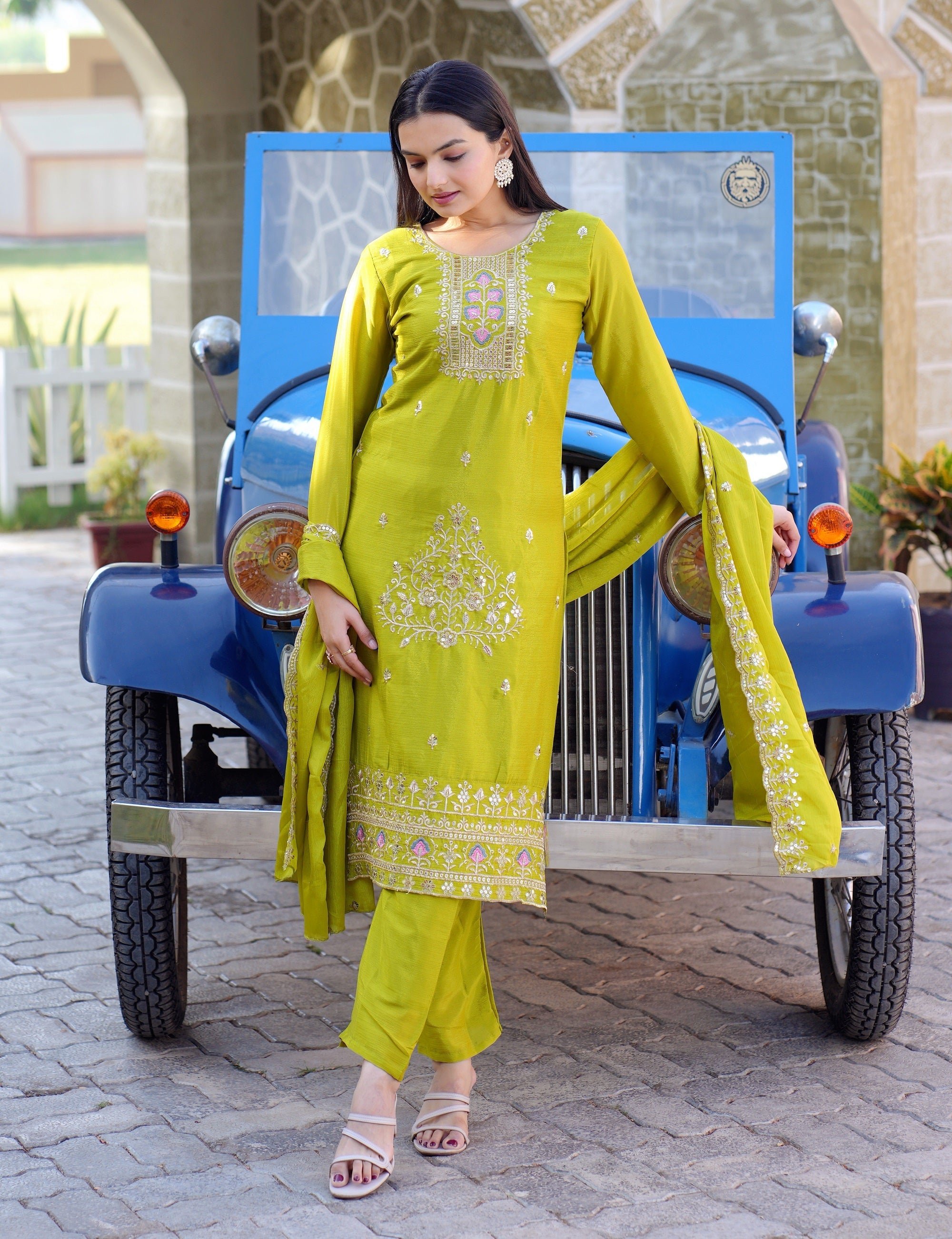 Teeya Creation Olive Color Chinon Silk Heavy Embroidery Work Fully Stitched Salwar Suit