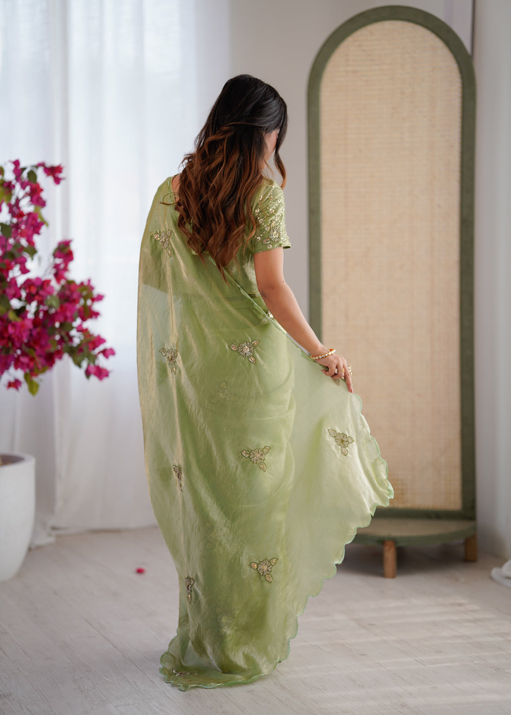 Evanik Designer Heavy Fendy Satin With Beads Embroidered Work Saree With Unstitched Blouse