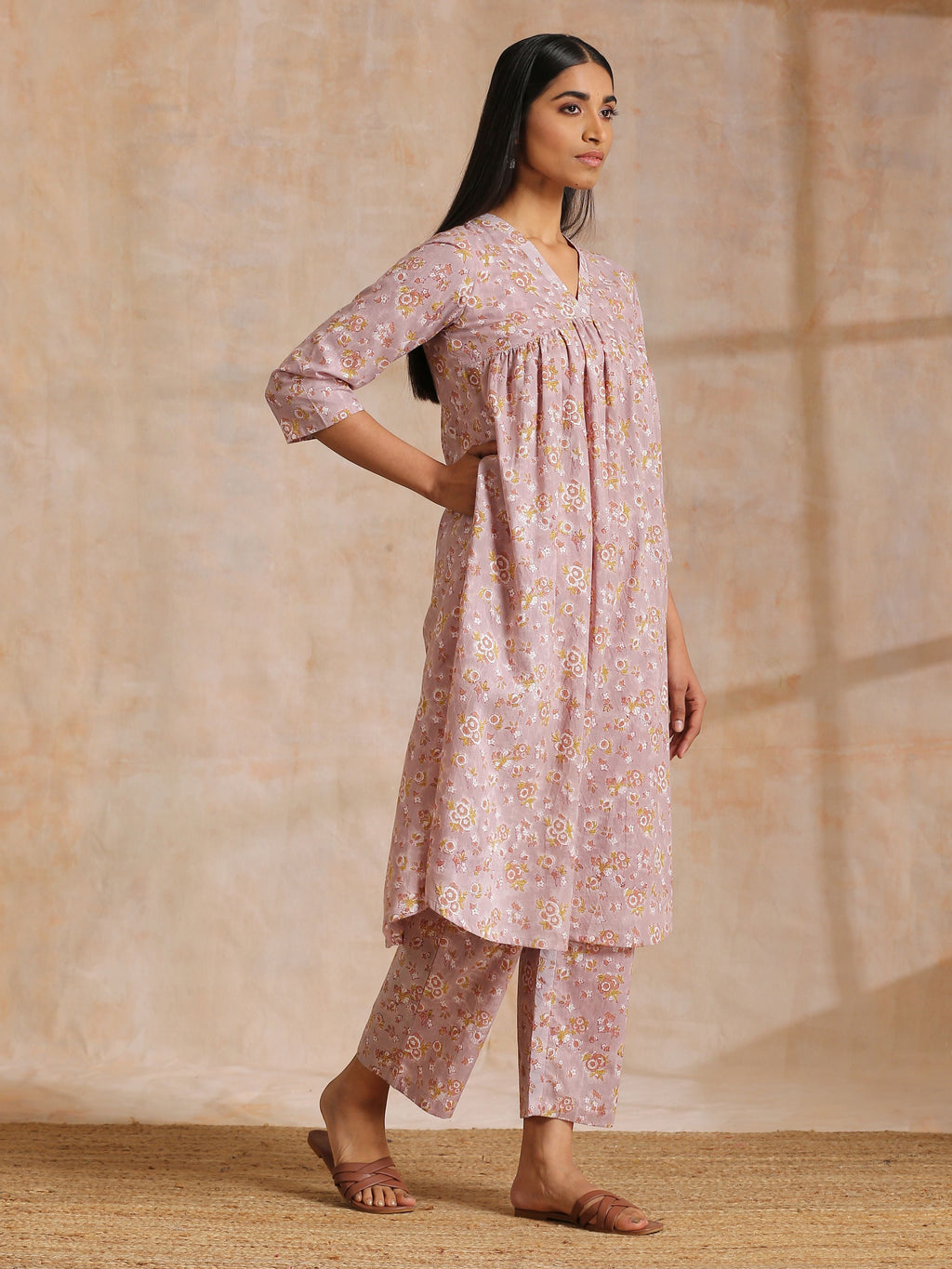trueBrowns Grey Overall Floral Block Print Cotton Flared Slit Kurta Pant Set