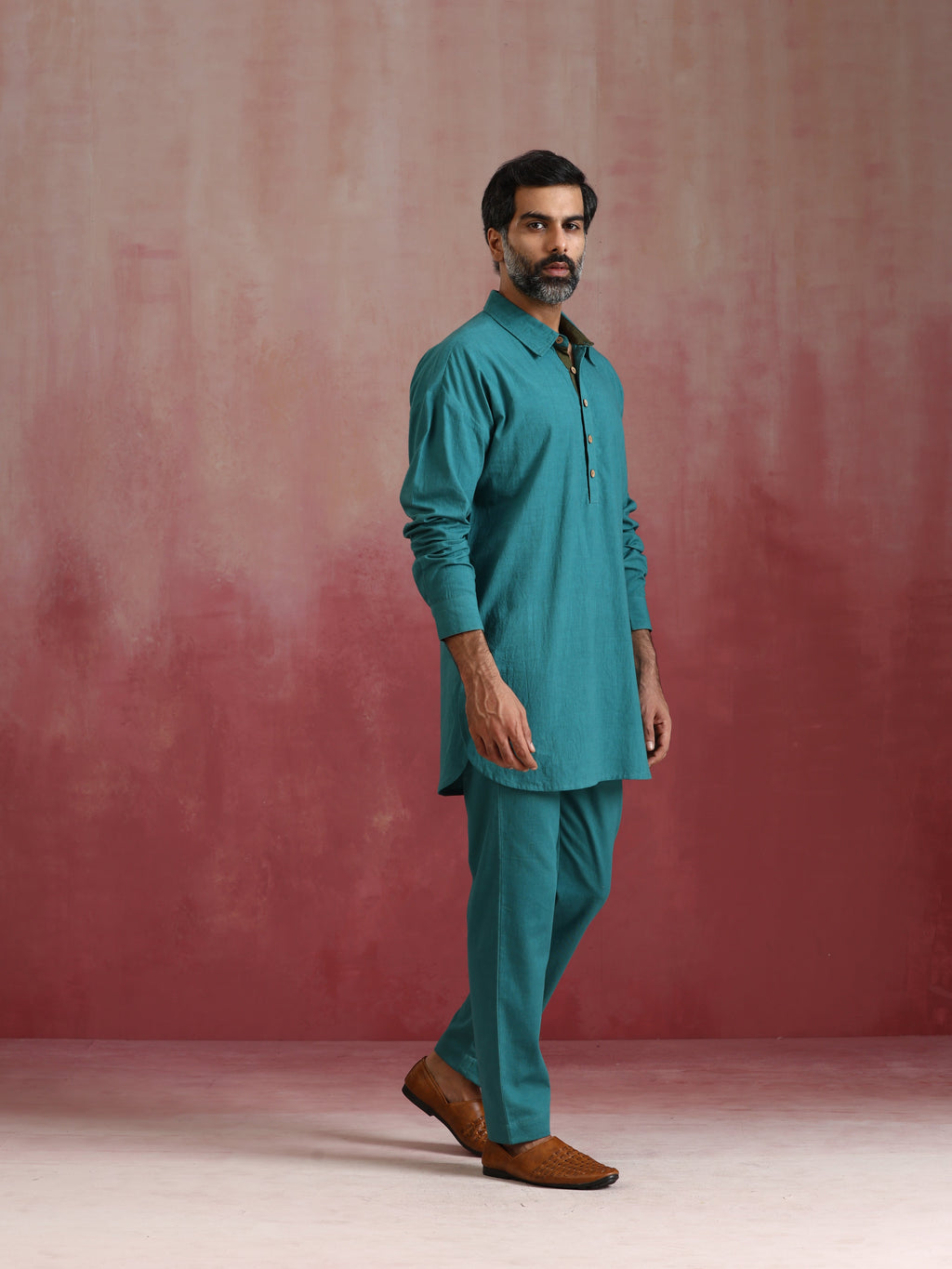trueBrowns Men's Teal Cotton Shirt Collar Stylized Kurta Co-ord set