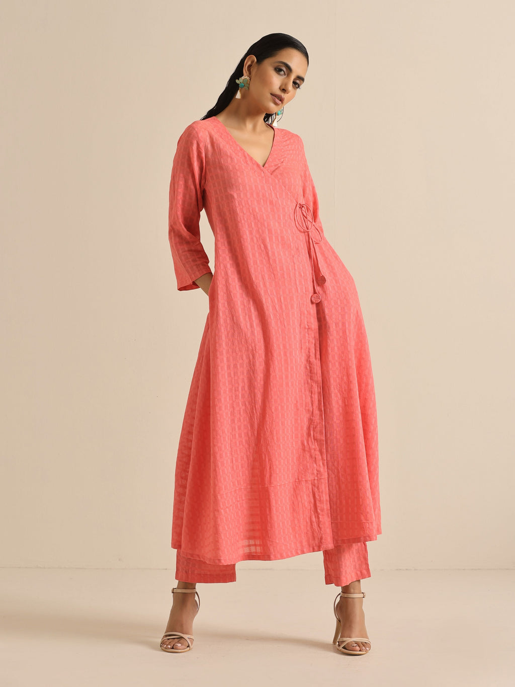trueBrowns Bright Pink Dobby Angrakha Kurta Pant Set