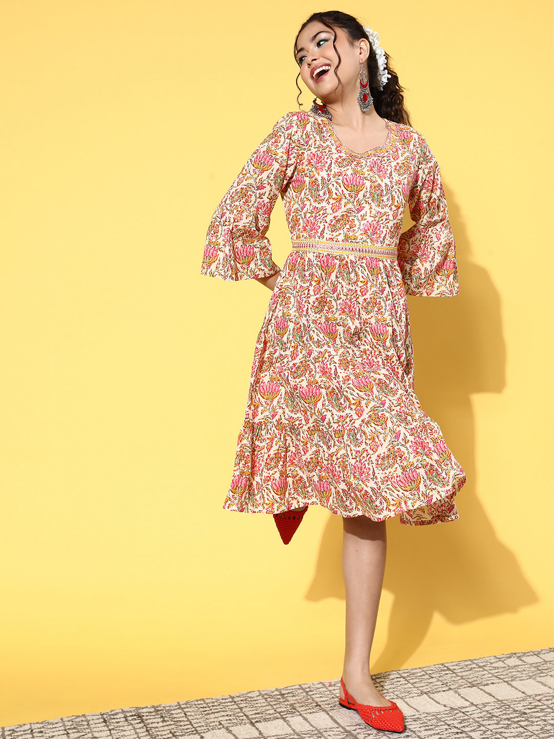 InWeave Women's Pink Boota Print Belted Dress