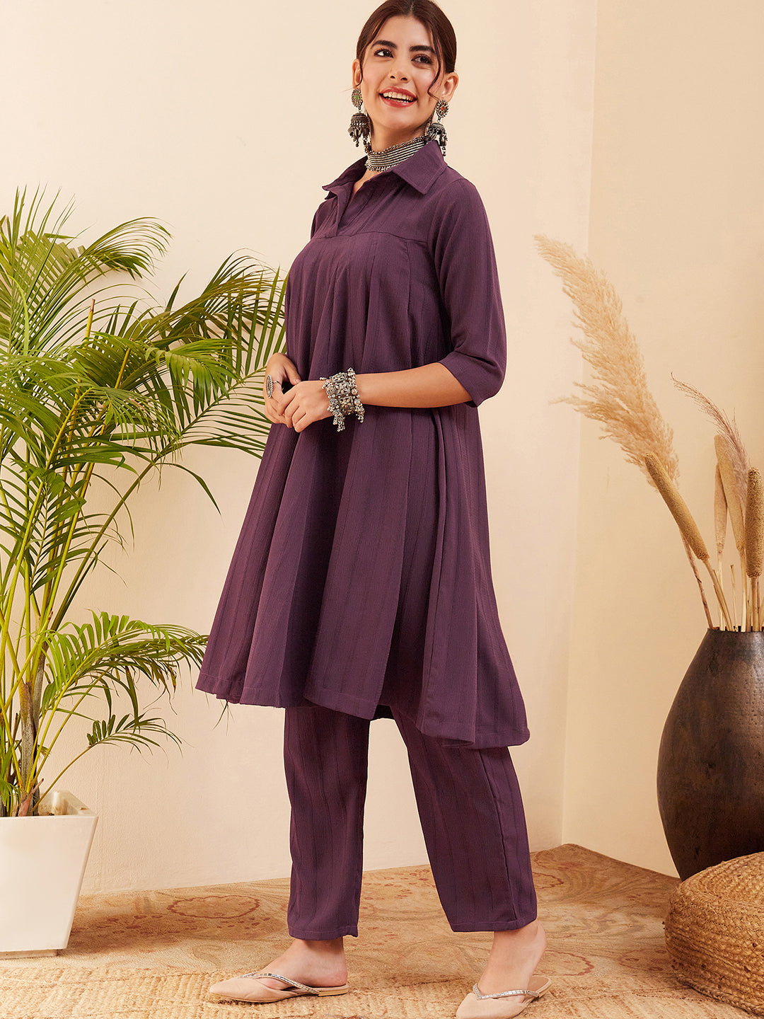 InWeave Women's Graphite Grey Collared Neck Flared Kurta Pant Set