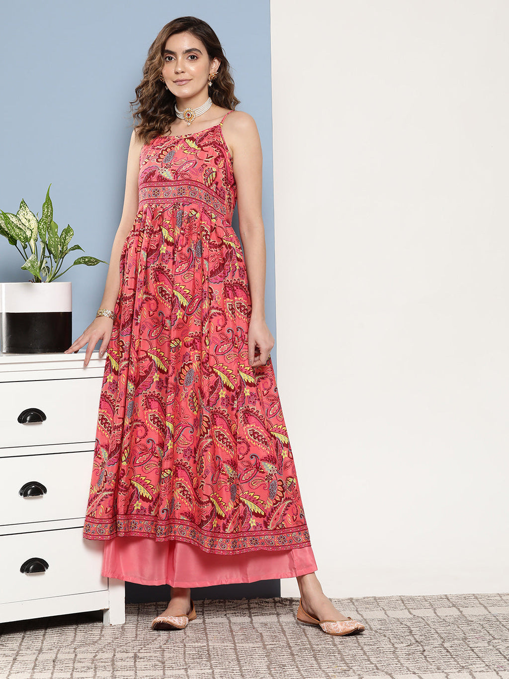 InWeave Women's Camelia Pastel Peach Print Strappy Kurta Set