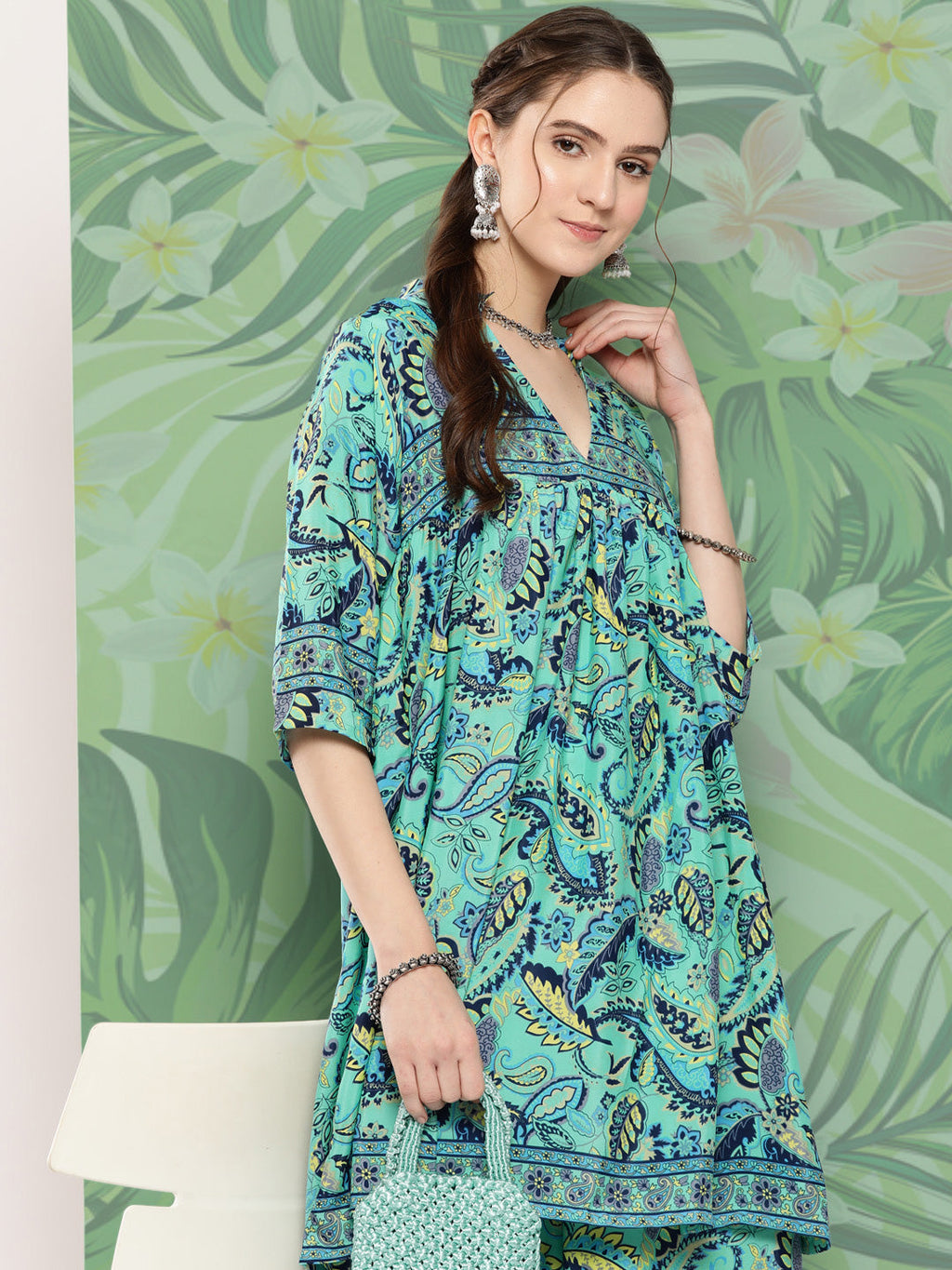 InWeave Women's Turquoise Blue Camelia Printed Ethnic Kurta Set