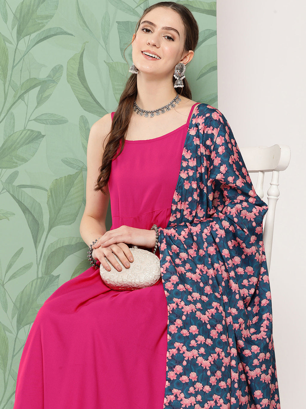 InWeave Women's Fuchsia Strappy Set W Navy Pink Lotus Cr Duptta