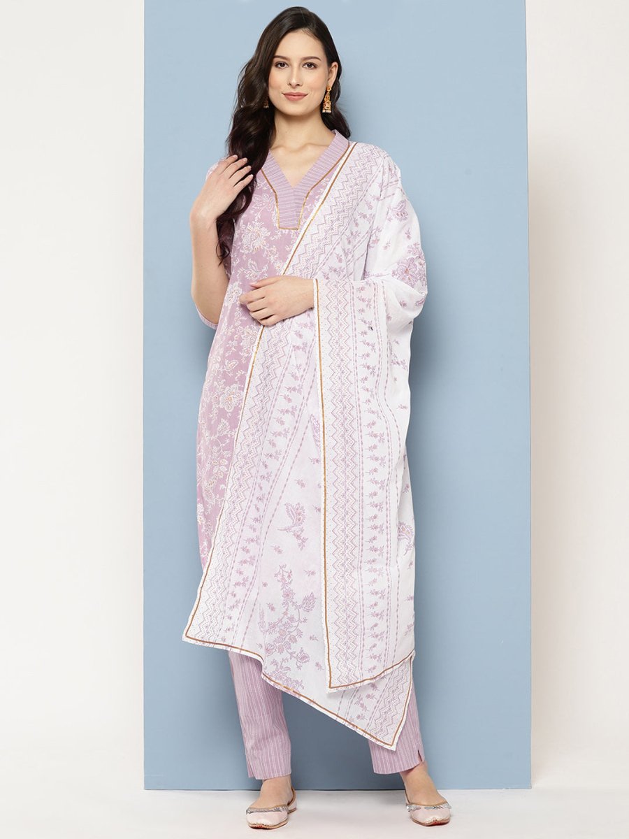Ahalyaa Women Floral Printed Gotta Patti Pure Cotton Kurta with Trousers & With Dupatta