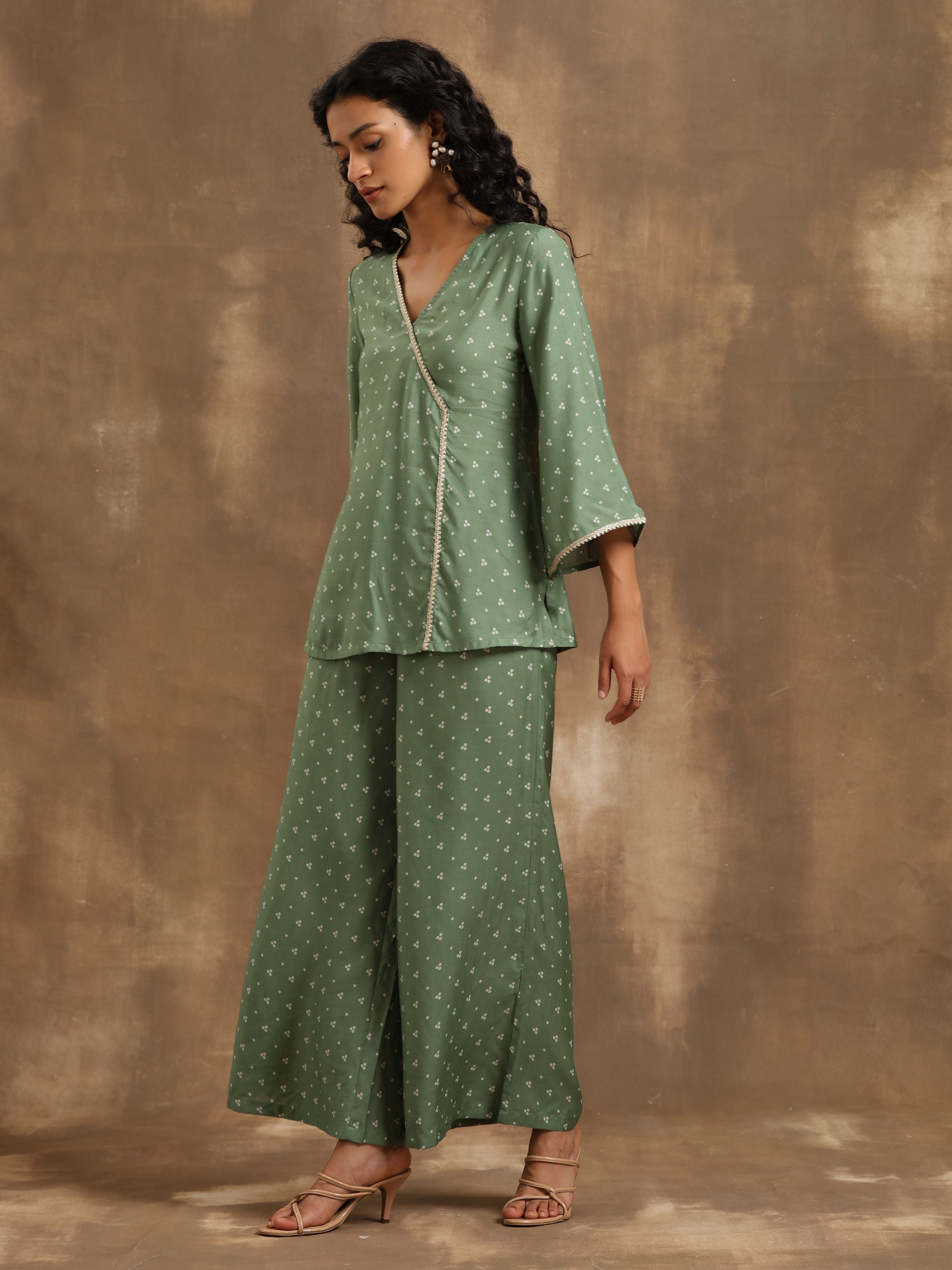 trueBrowns Light Green Bandhani Printed Silk Co-Ord Set