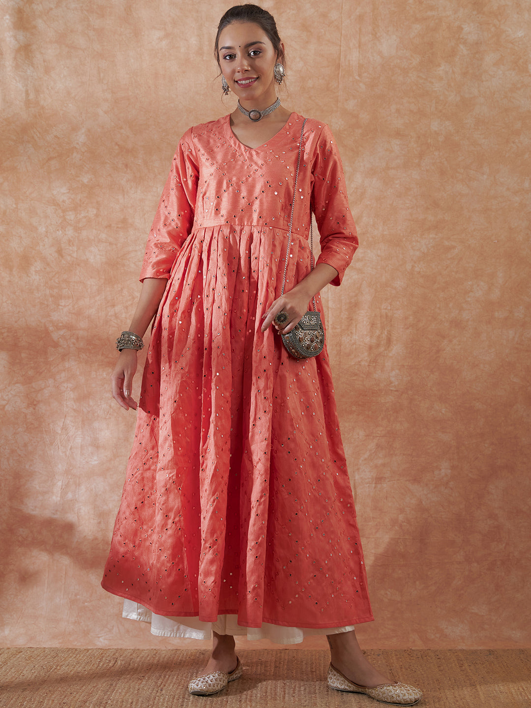 InWeave Women's Peach Mirror Work Long Anarkali Kurta