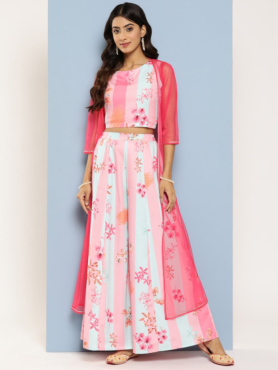 Ahalyaa Women Floral Printed Top with Palazzos & Shrug