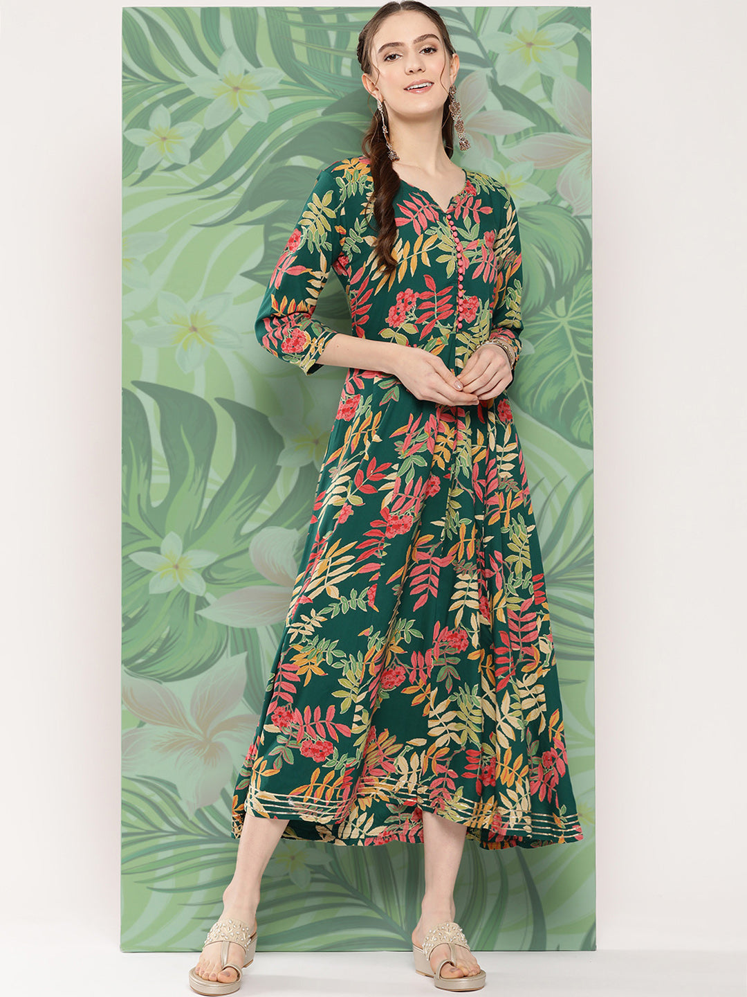 InWeave Women's Green Tropical Print Gota Long Dress