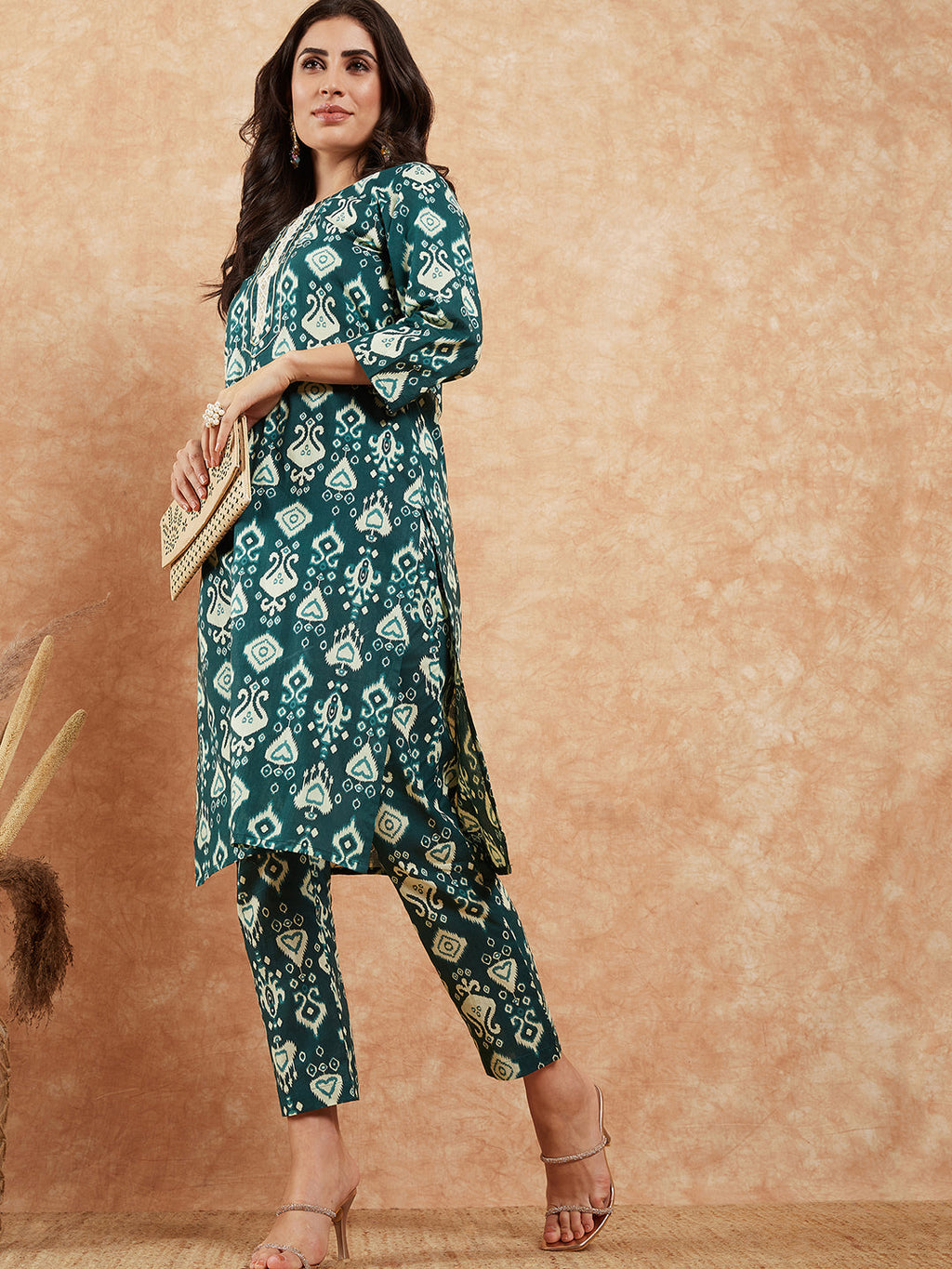 InWeave Women's Peacock Blue Ikkat Print Gota Work Straight Kurta Pant Set