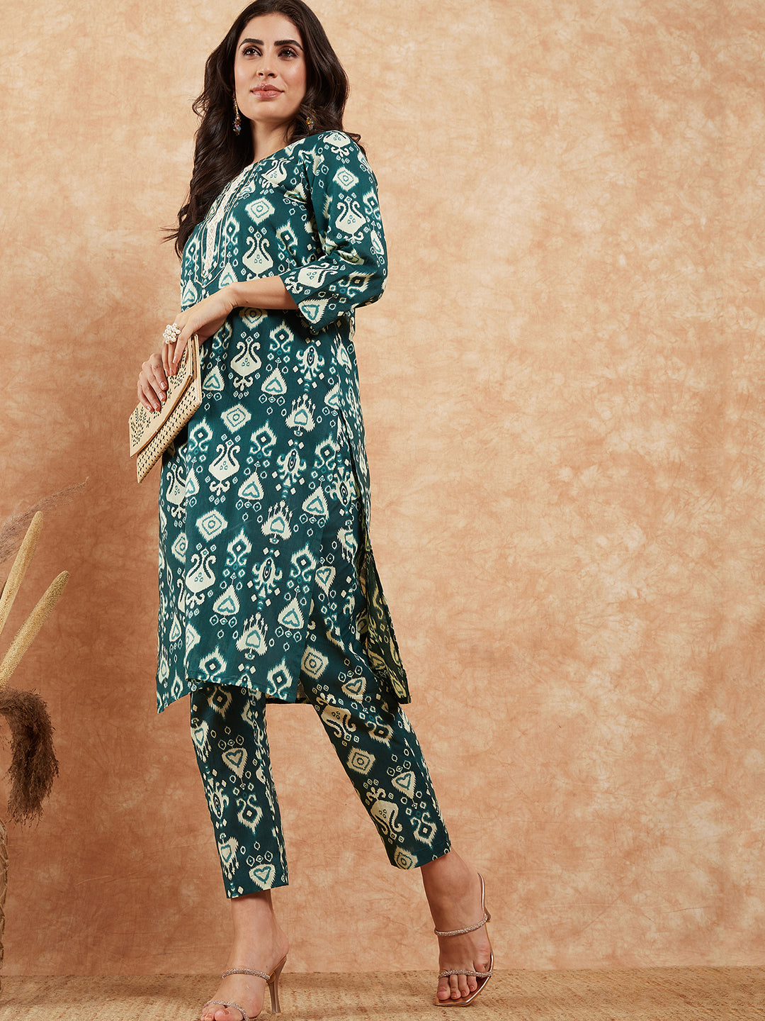InWeave Women's Peacock Blue Ikkat Print Gota Work Straight Kurta Pant Set