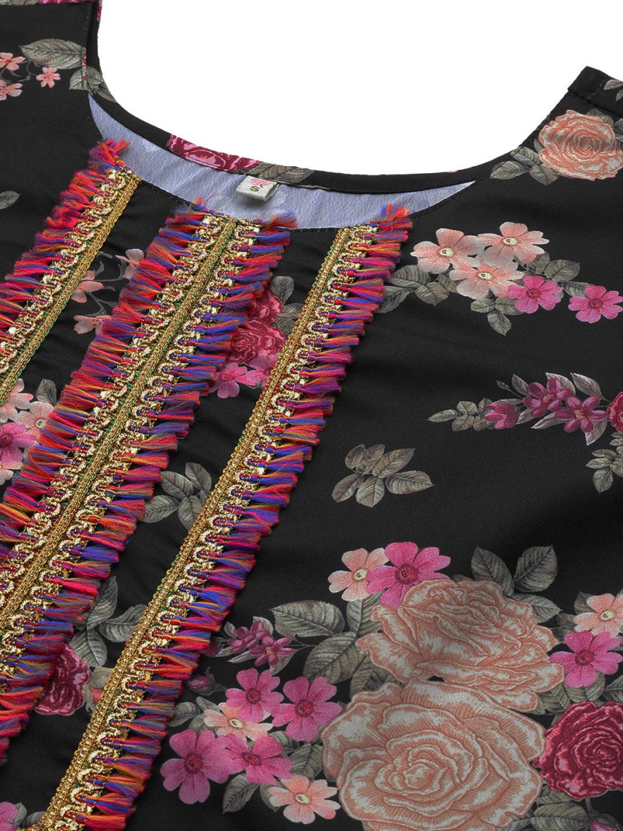 Ahalyaa Women Black Floral Printed Gotta Patti Kurta with Palazzos & With Dupatta