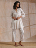trueBrowns White With Small Floral Booti Print Cotton Pleated Co-Ord Set