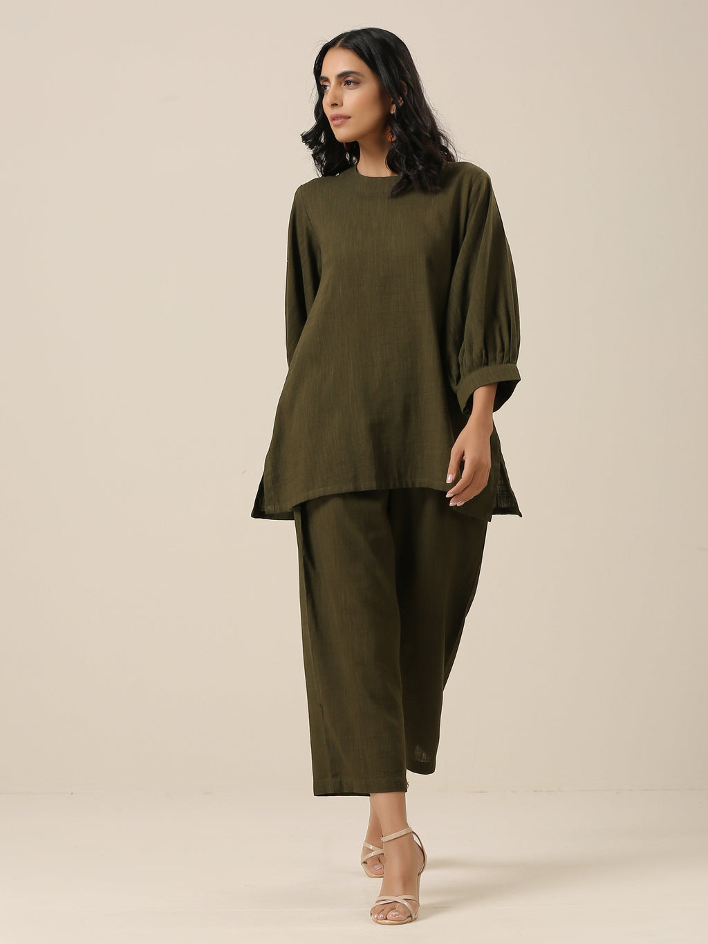 trueBrowns Olive Green Slub Texture Baggy Sleeve Co-Ord Set