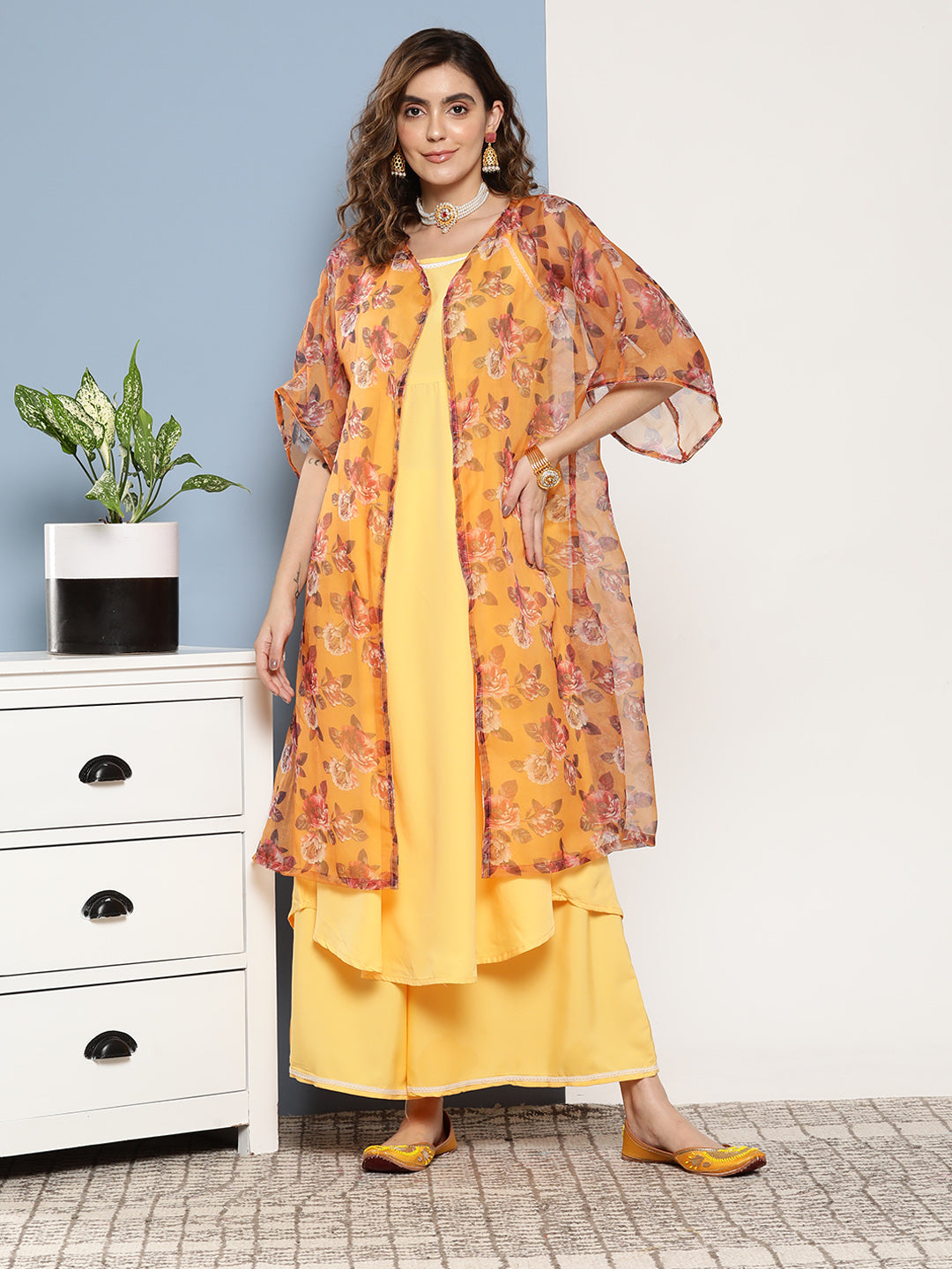 InWeave Women's Cassatta Yellow Cr Strappy Set With Mustard Brown Cape