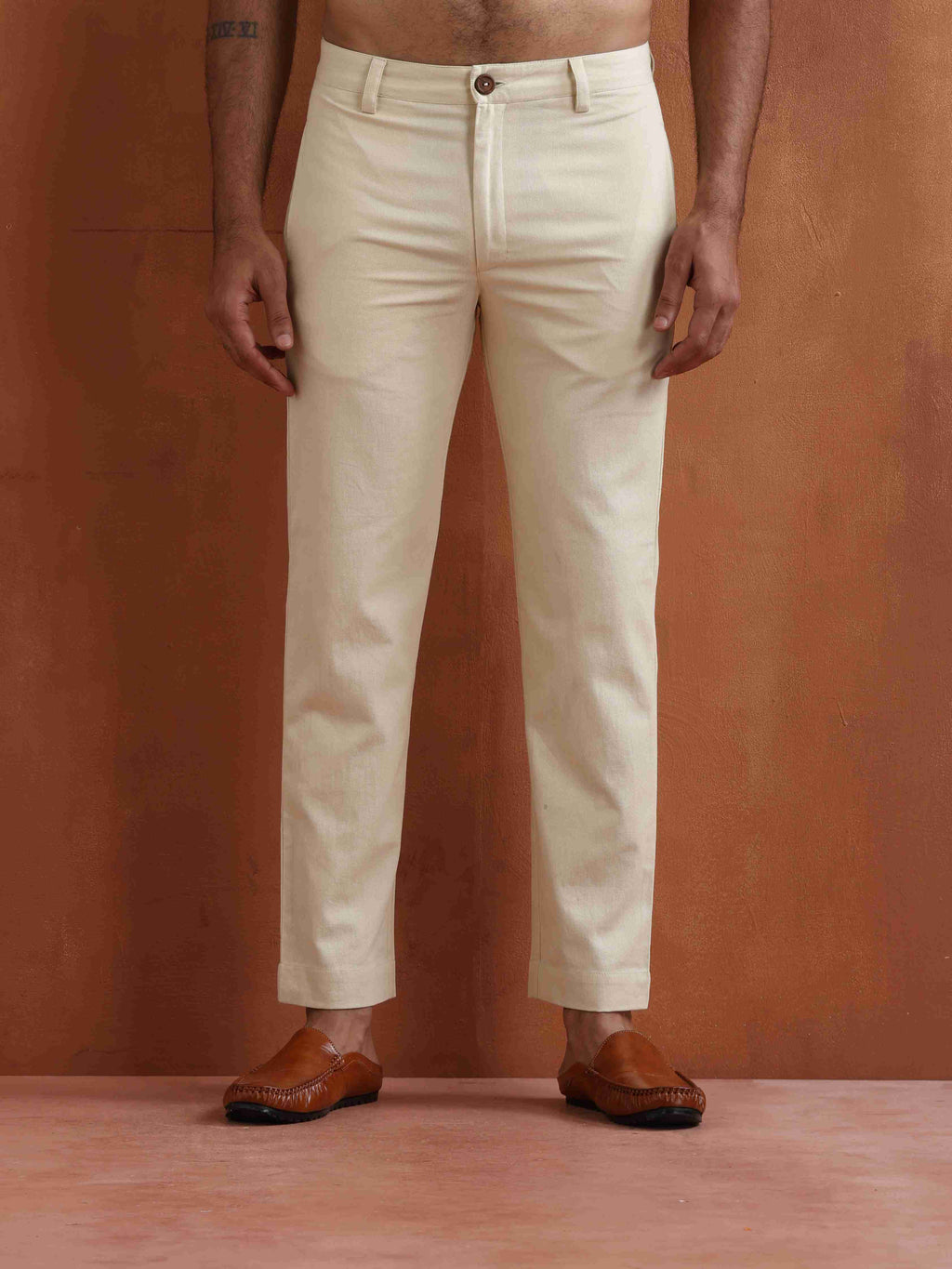 trueBrowns Men's Off White Cotton Twill Pants