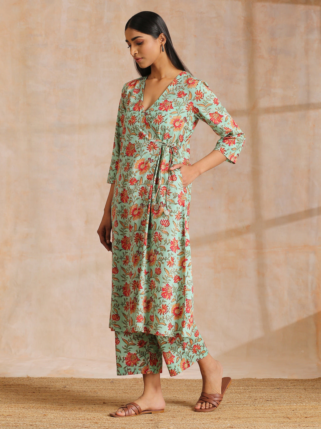 trueBrowns Seafoam Green Overall Floral Block Print Cotton Angrakha Pant Set