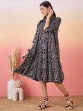 InWeave Black Maroon Ajrakh Foil Collar Flared Dress