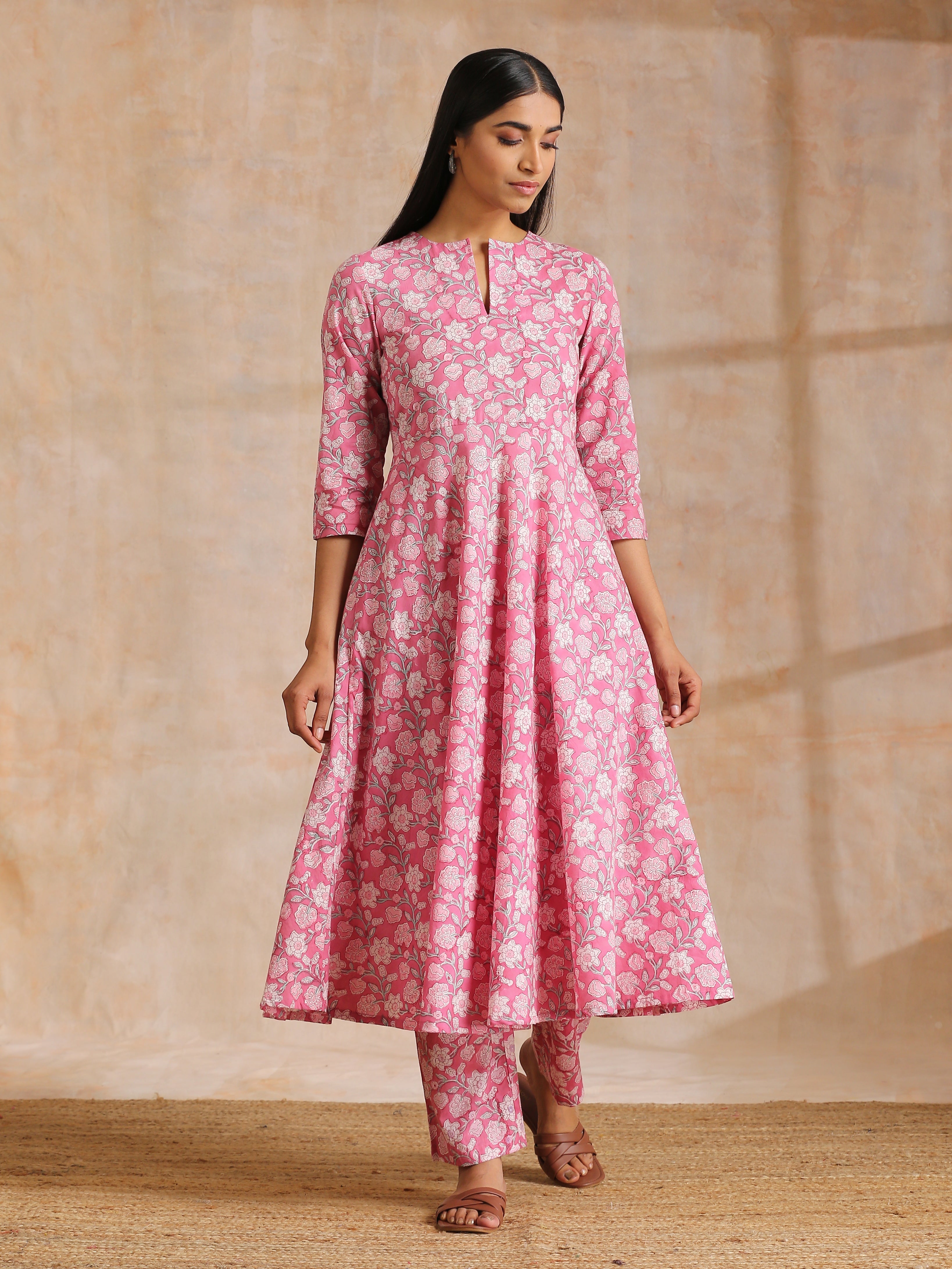 trueBrowns Pink Overall Floral Block Print Cotton Flared Kurta Pant Set