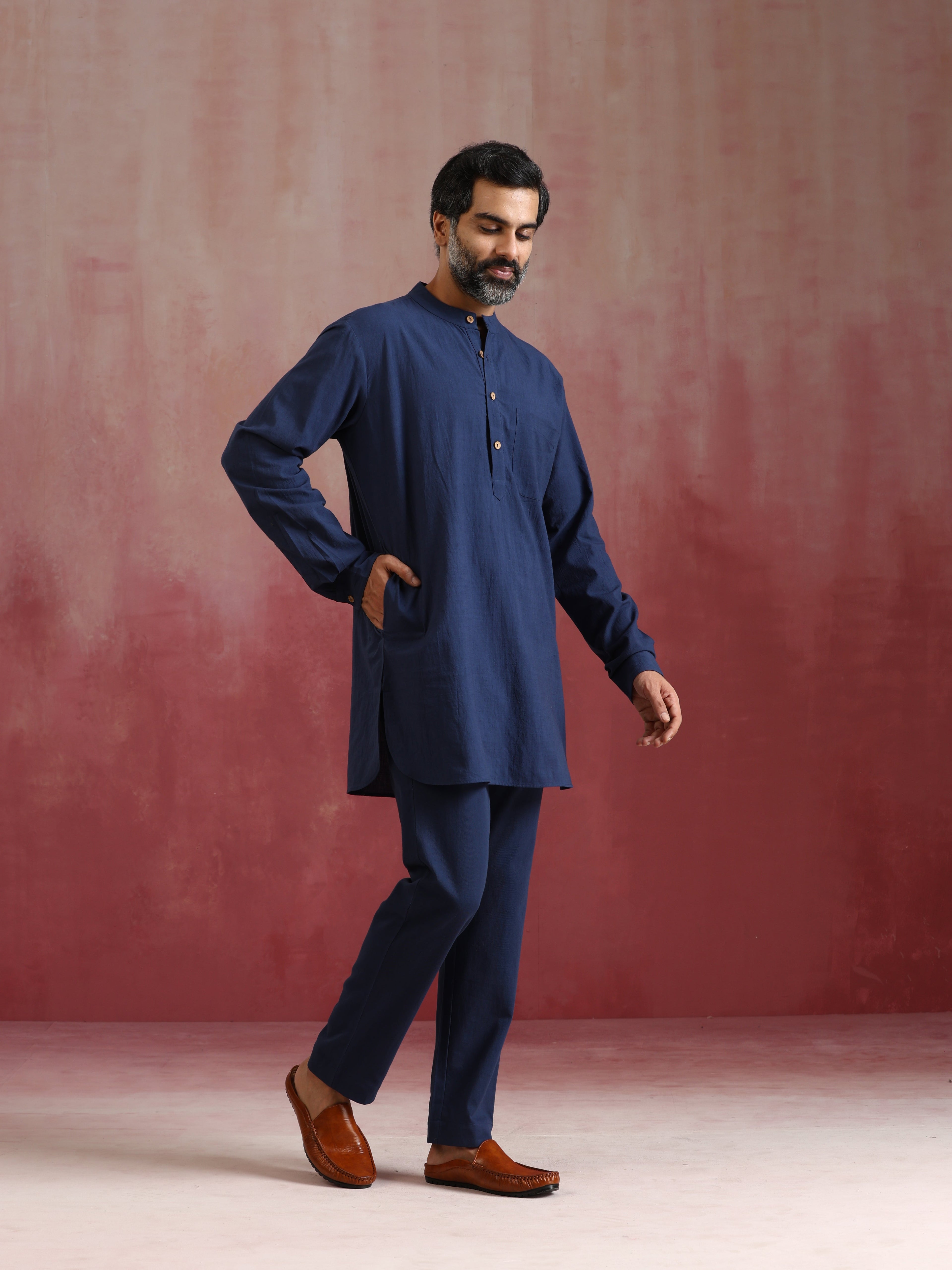 trueBrowns Men's Navy Cotton Mandarin Collar Kurta Co-ord set