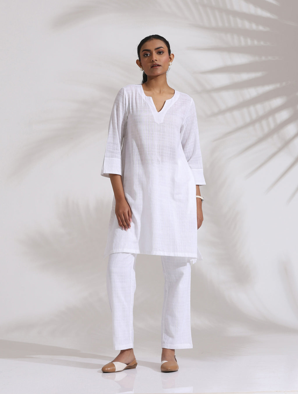 trueBrowns White Cotton Check Kurta Co-ord Set