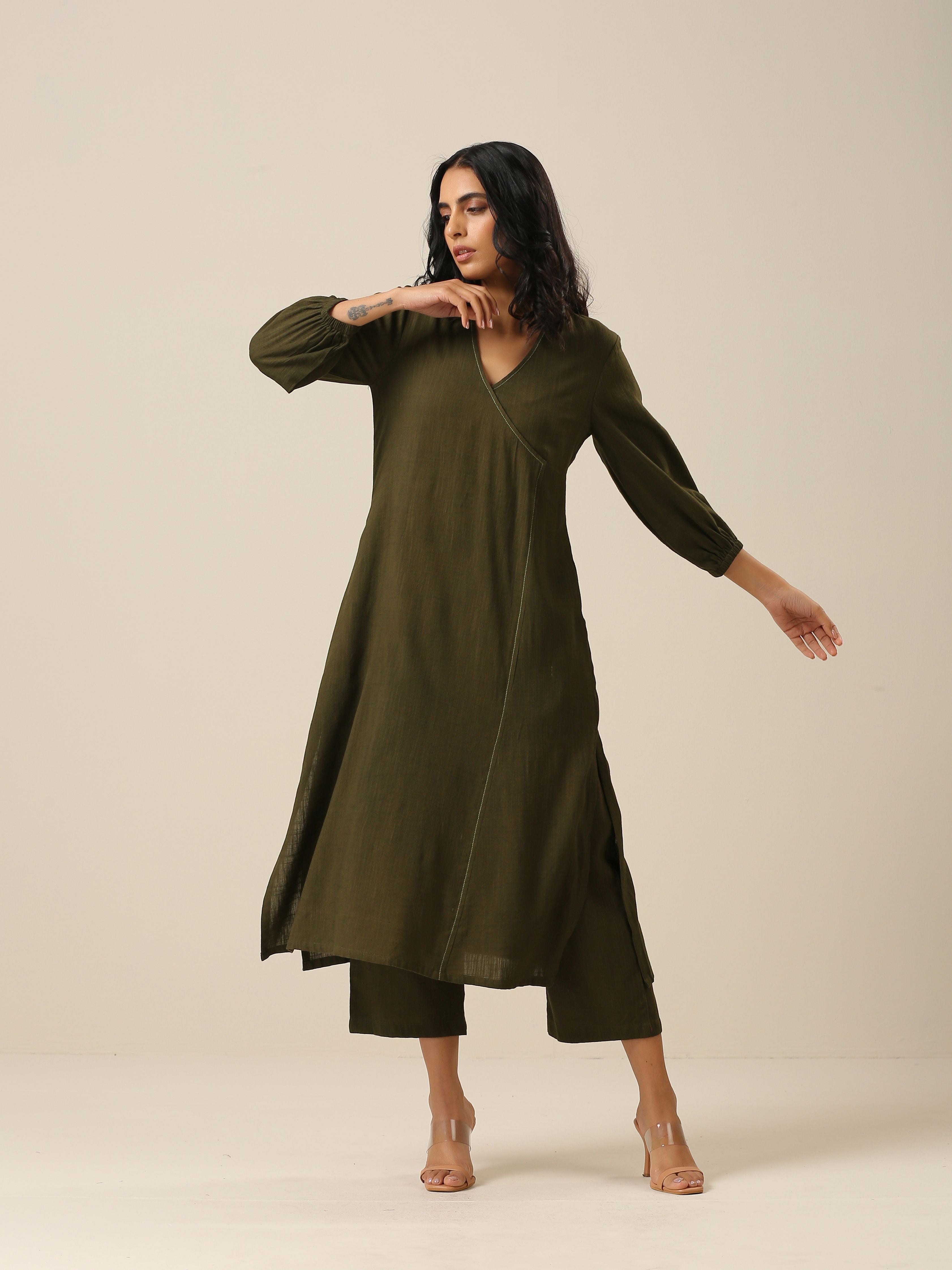 trueBrowns Olive Green Slub Texture Kurta Pant Set