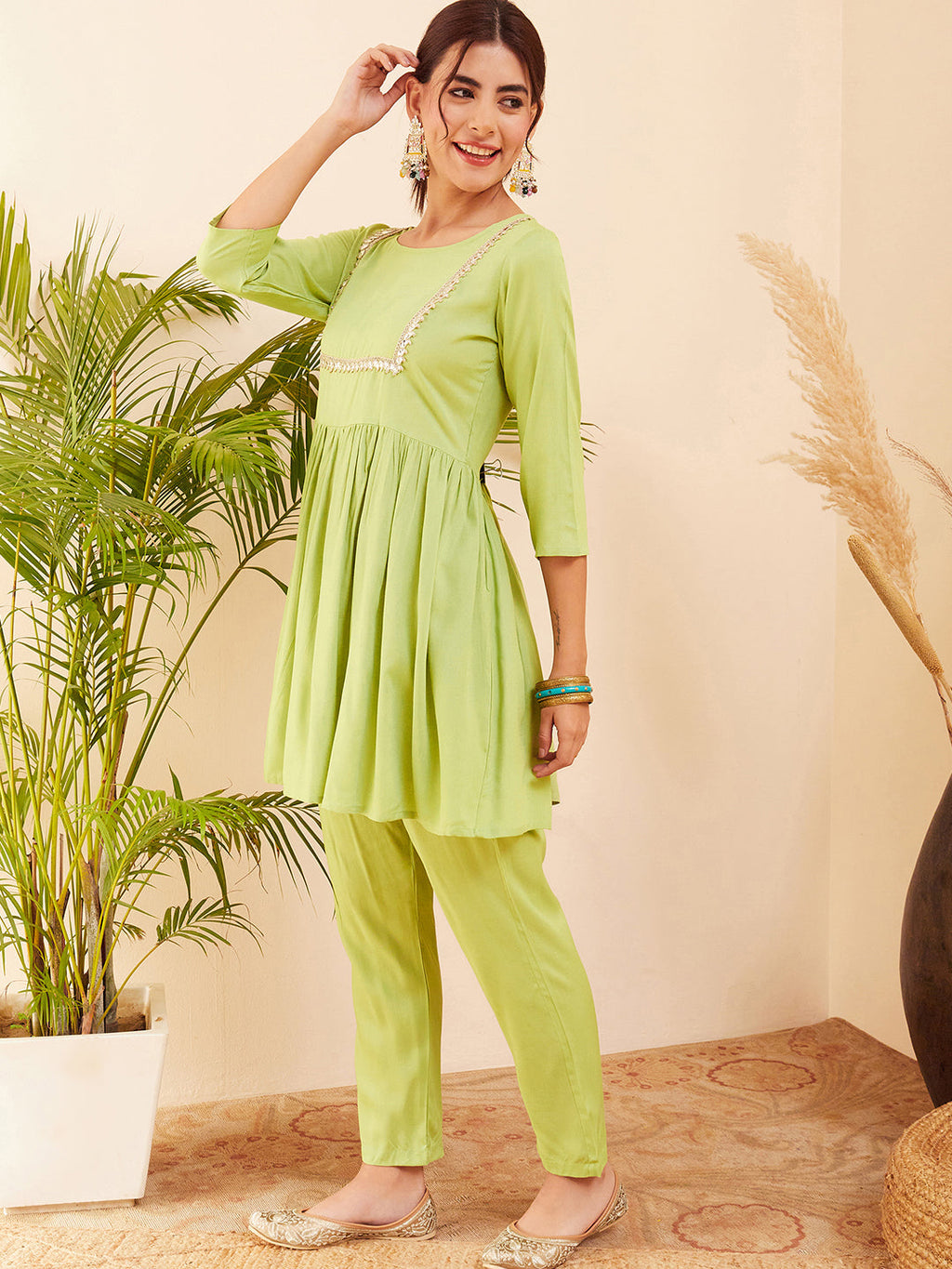 InWeave Women's Pear Green Round Neck Square Gota Work Kurta Pant Set