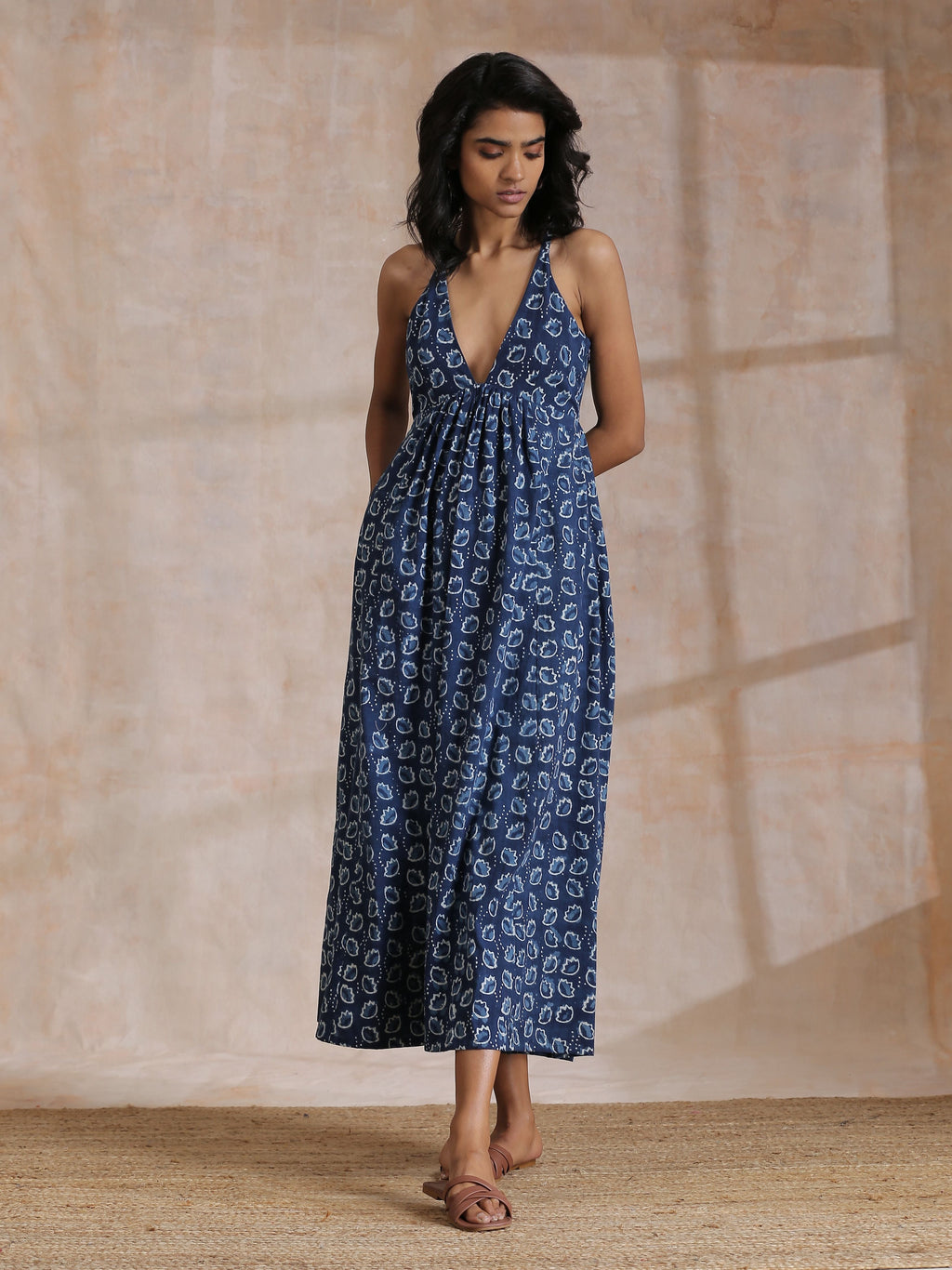 trueBrowns Indigo Dabu Floral Print Cotton Sleeveless Dress