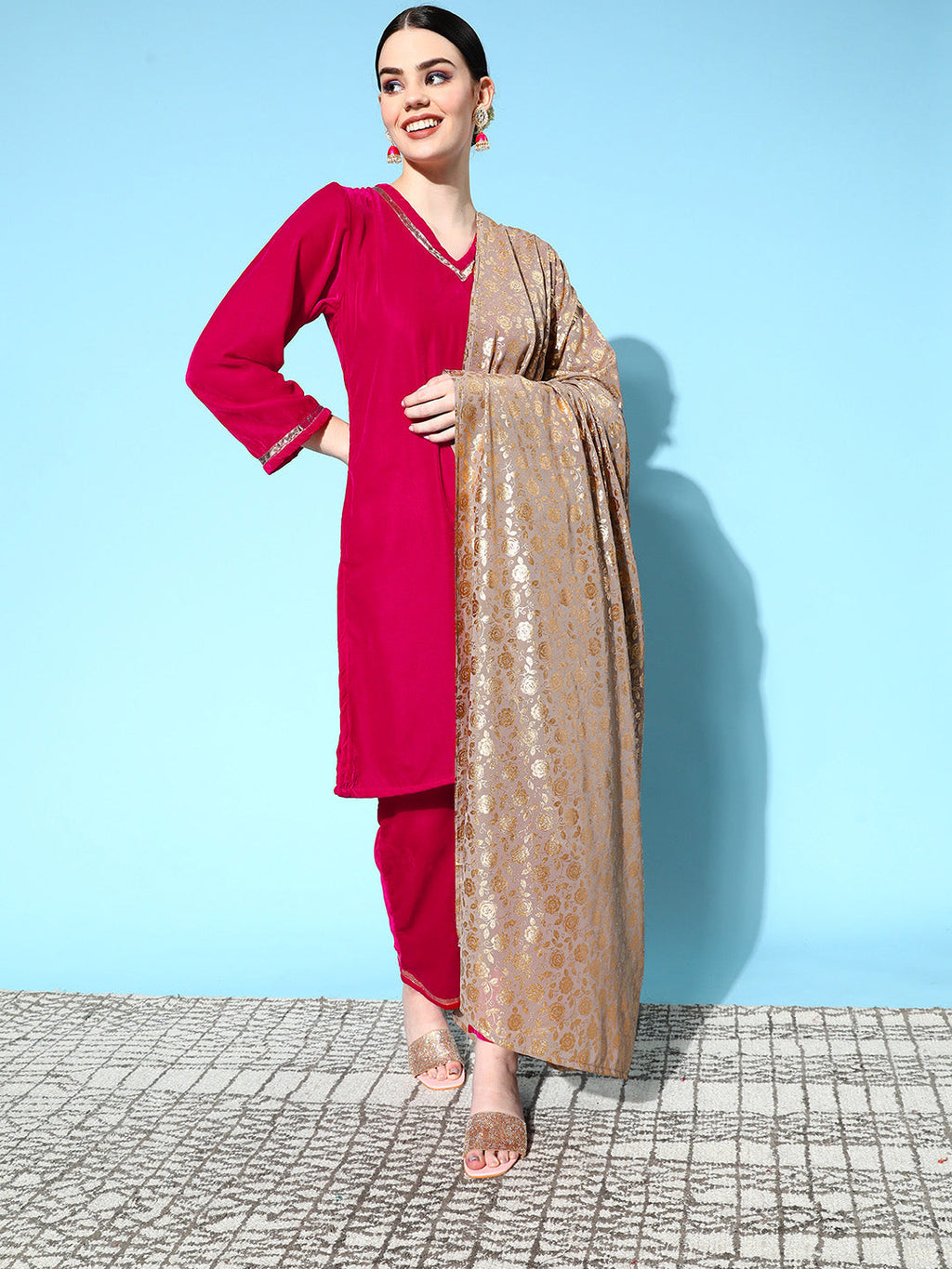 InWeave Women's Fuschia Velvet Kurta Set With Grey Gold Georgette Dupatta