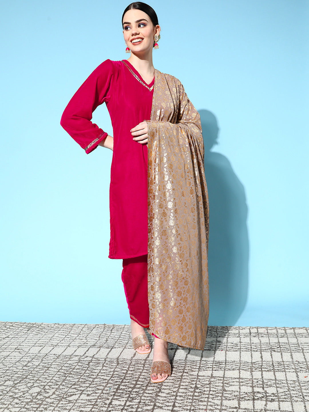 InWeave Women's Fuschia Velvet Kurta Set With Grey Gold Georgette Dupatta