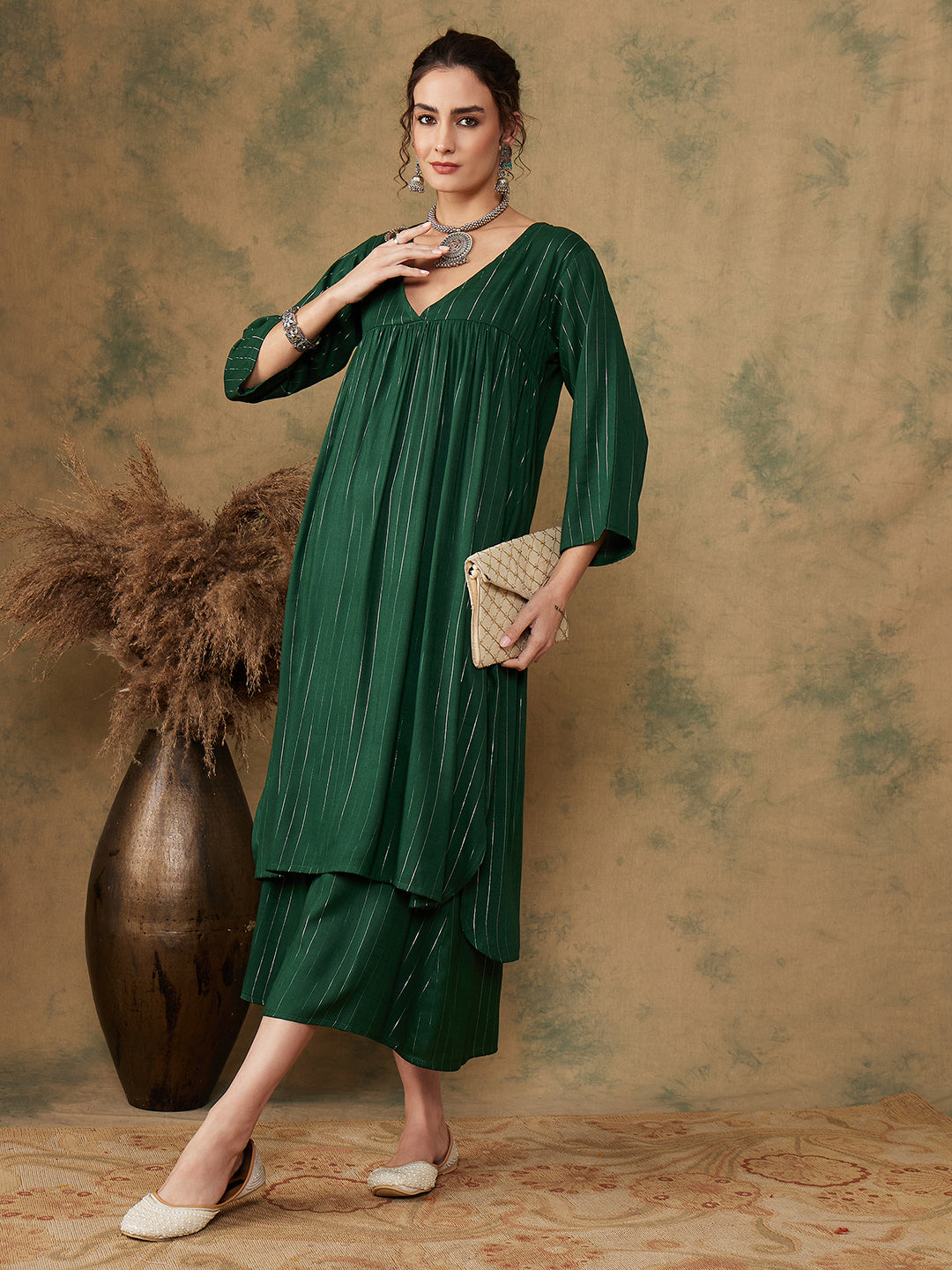 InWeave Women's Pine Green Lurex Flared V Neck Kurta Palazzo Set