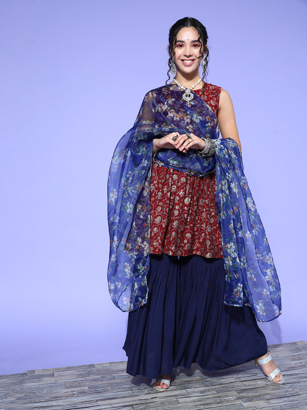 InWeave Women's Burgundy Printed Kurta Sharara Set With Blue Organza Dupatta