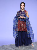 InWeave Women's Burgundy Printed Kurta Sharara Set With Blue Organza Dupatta