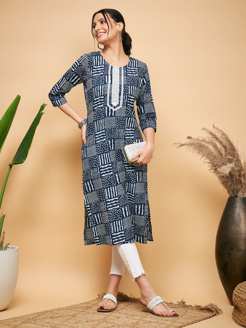 InWeave Women's Ankola Indigo With Tiles Hand Block Print Lace Straight Kurta