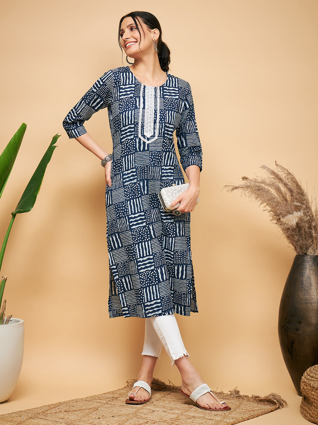 InWeave Women's Ankola Indigo With Tiles Hand Block Print Lace Straight Kurta