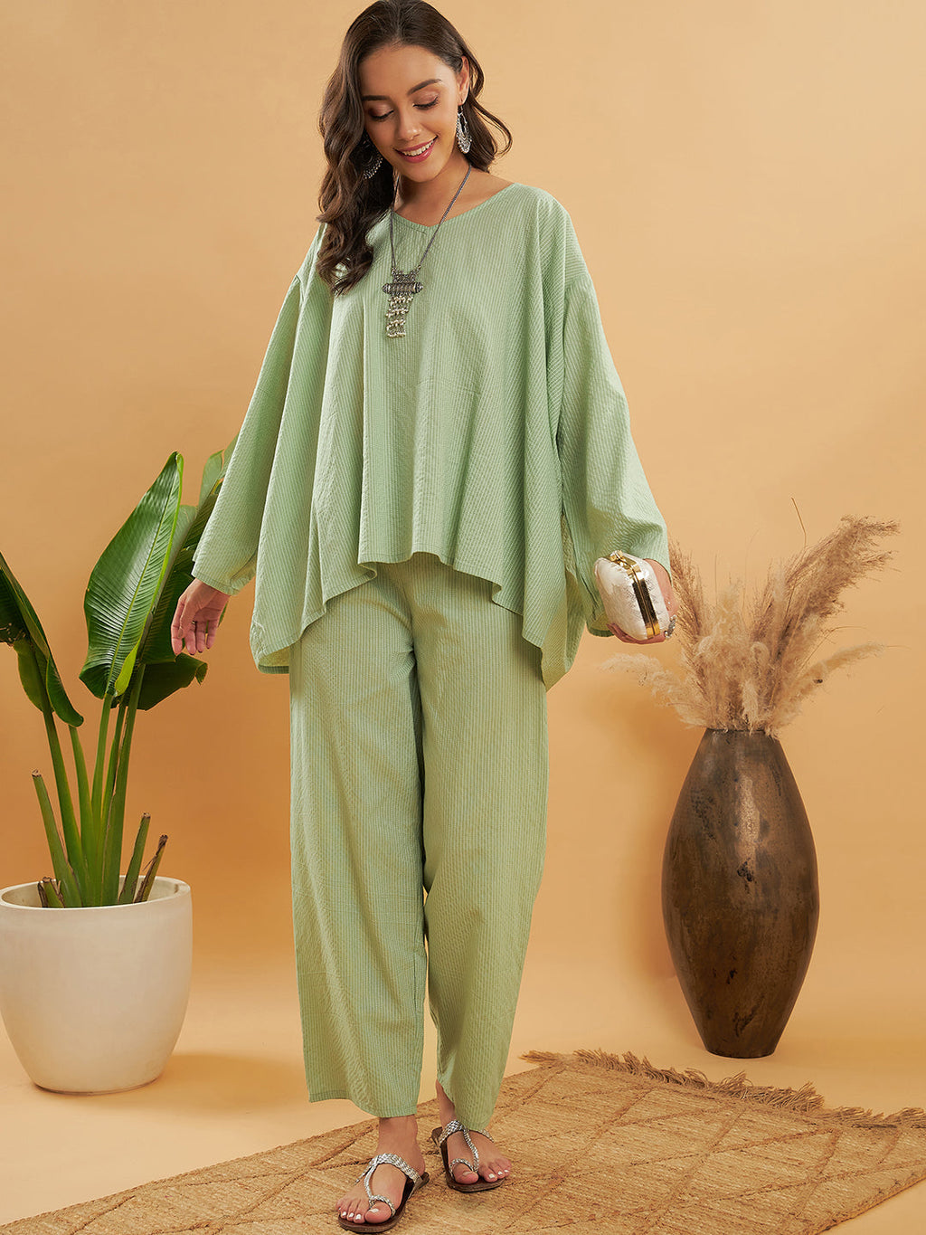 InWeave Women's Sage Green Kantha Boho Full Sleeve Coord Set