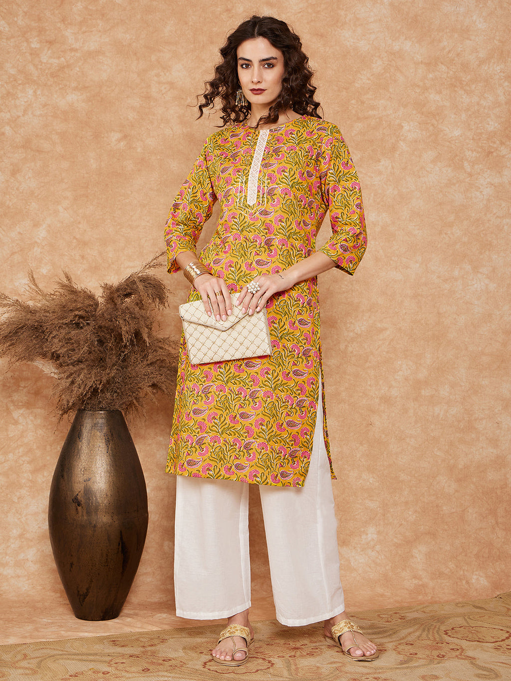 InWeave Women's Mustard Green Lace Gota Work Straight Kurta