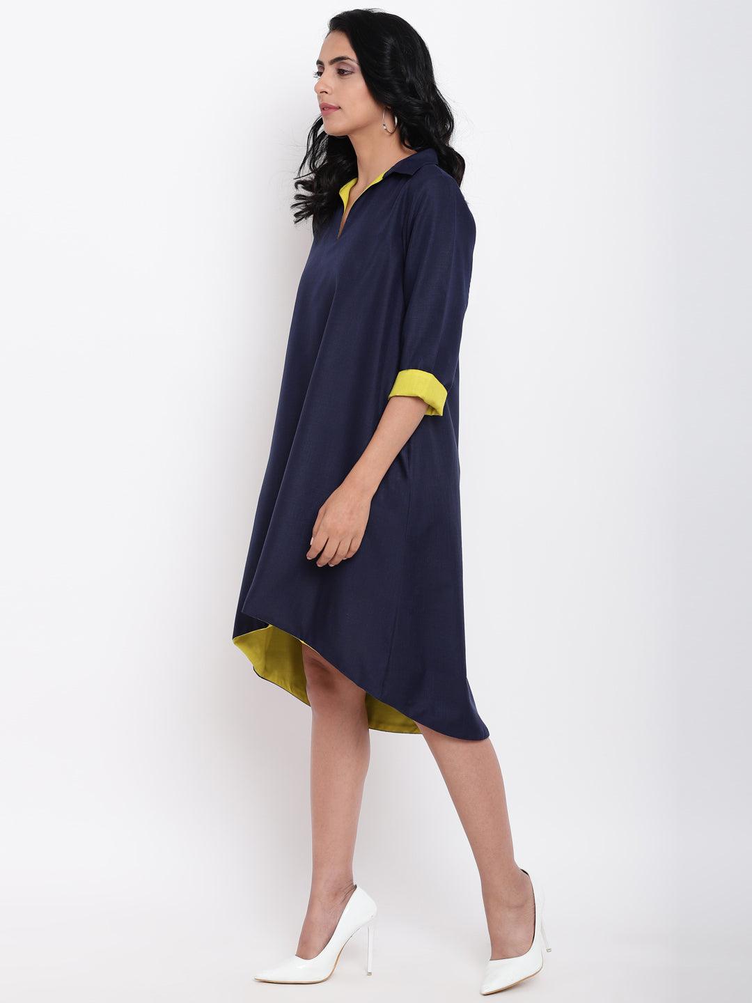 trueBrowns Linen Cotton Blue Collared Dress