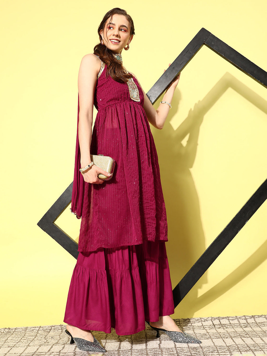 InWeave Women's Maroon Gota Insert Neckline Sharara Set